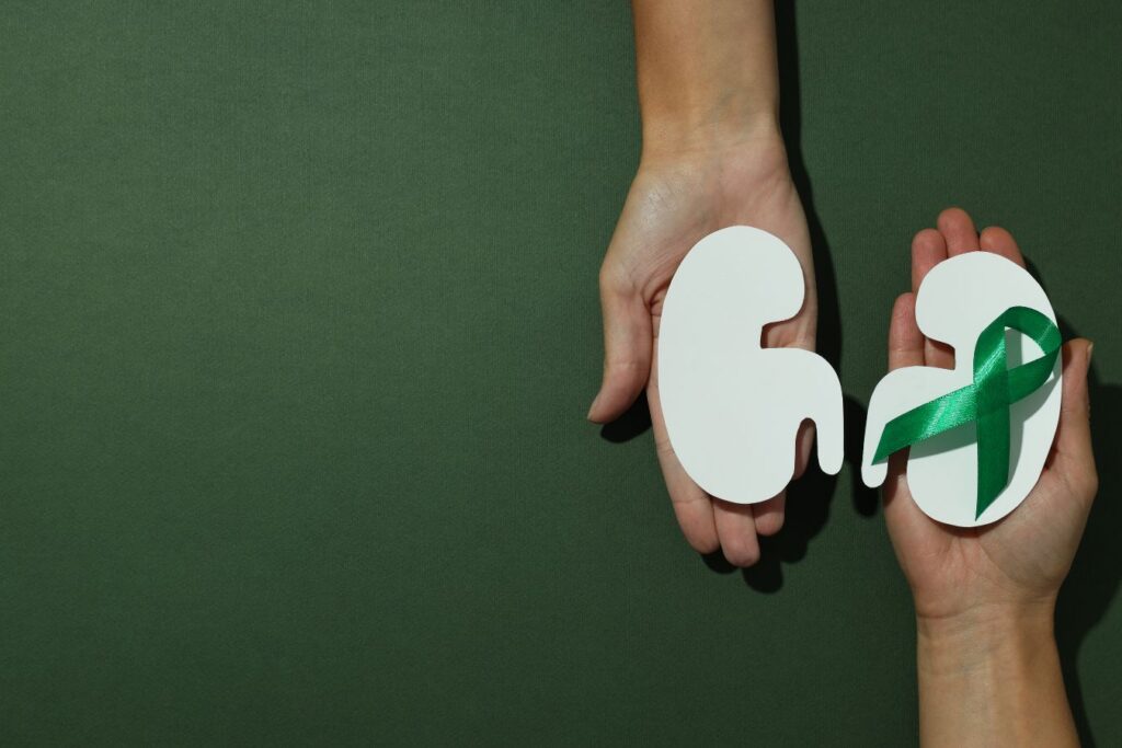 Two hands holding national kidney month ribbon
