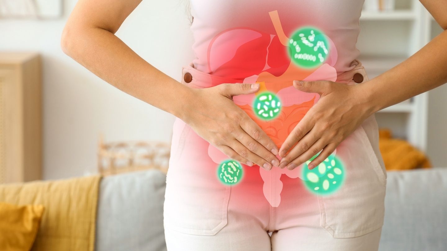 photo with graphic of gut microbiome